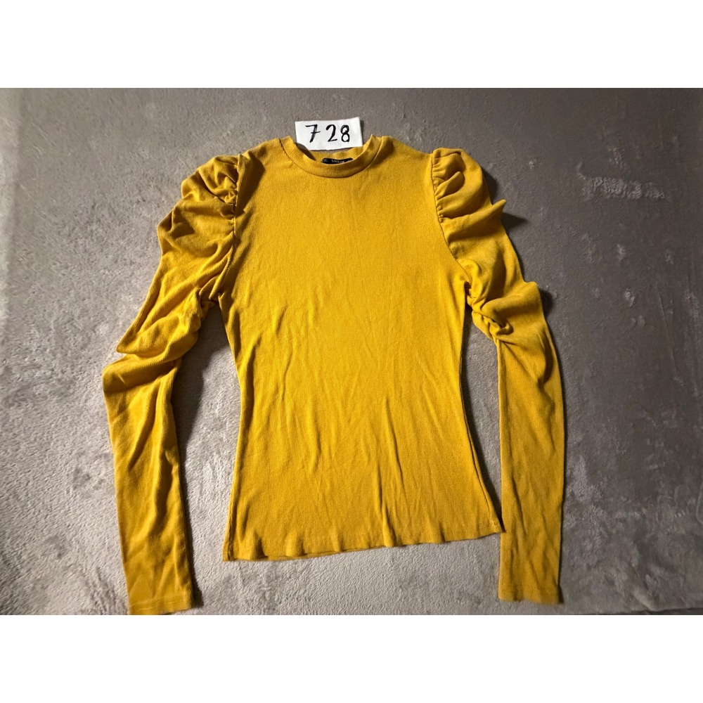 SHEIN Puff Sleeve Top Womens L Yellow Ribbed Knit Long Sleeve Z728
